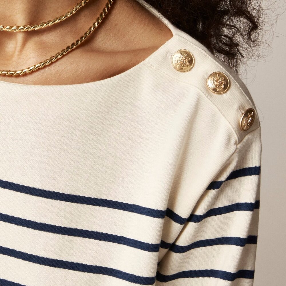 J. Crew Cropped Boatneck T-shirt with Buttons in Mariner Cotton/NWT/M - Picture 3 of 13